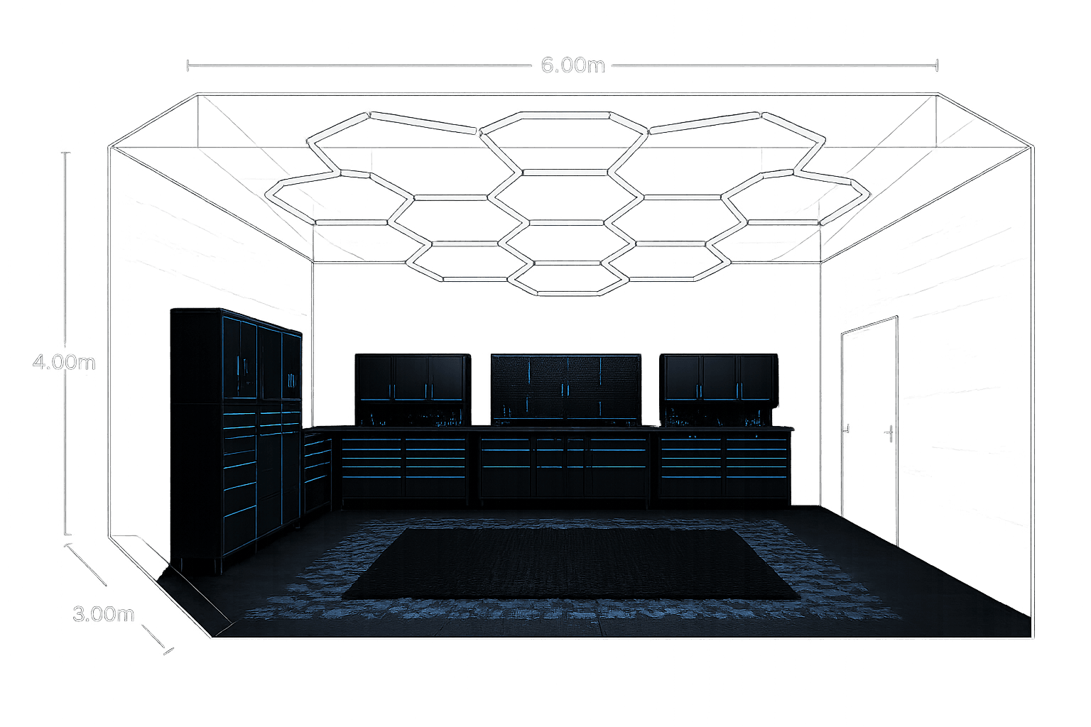 3D room diagram showing hexagon LED lighting layout with 6.00m width, 4.00m height and 3.00m depth
