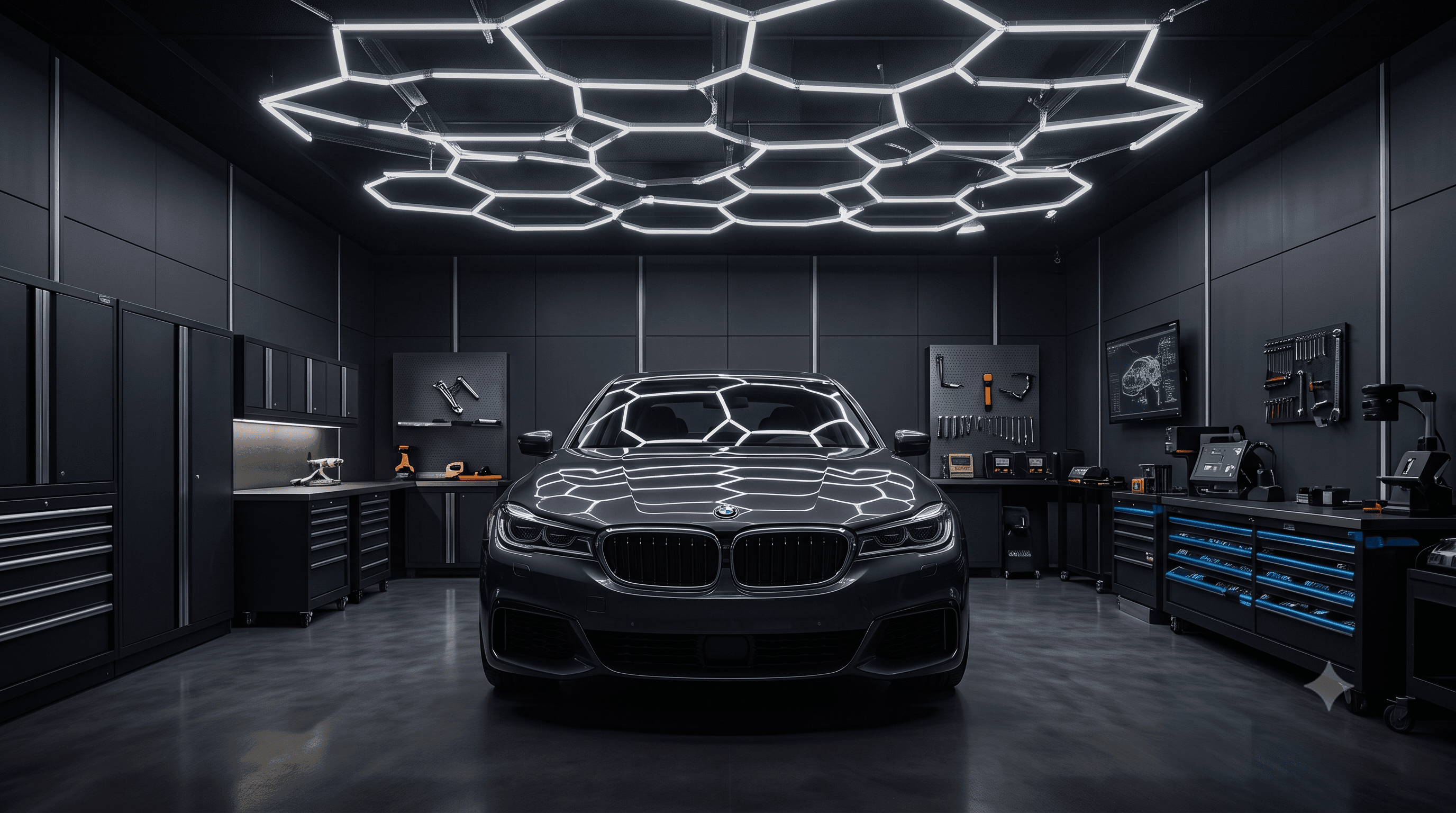 Hexagon LED lighting installation in a garage