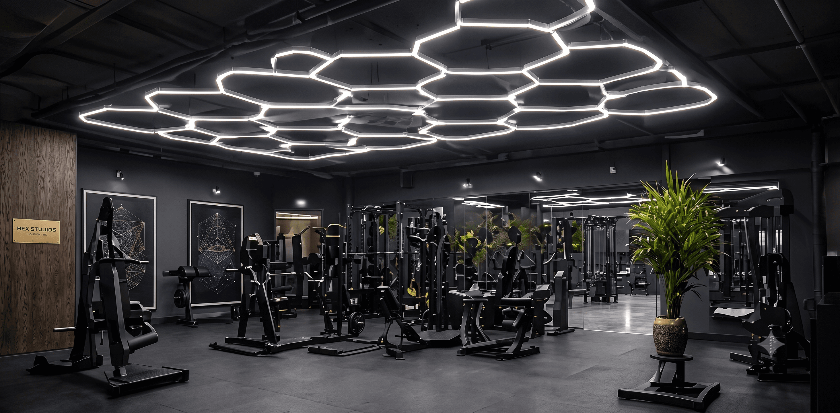 Hexagon LED lighting installation in a gym