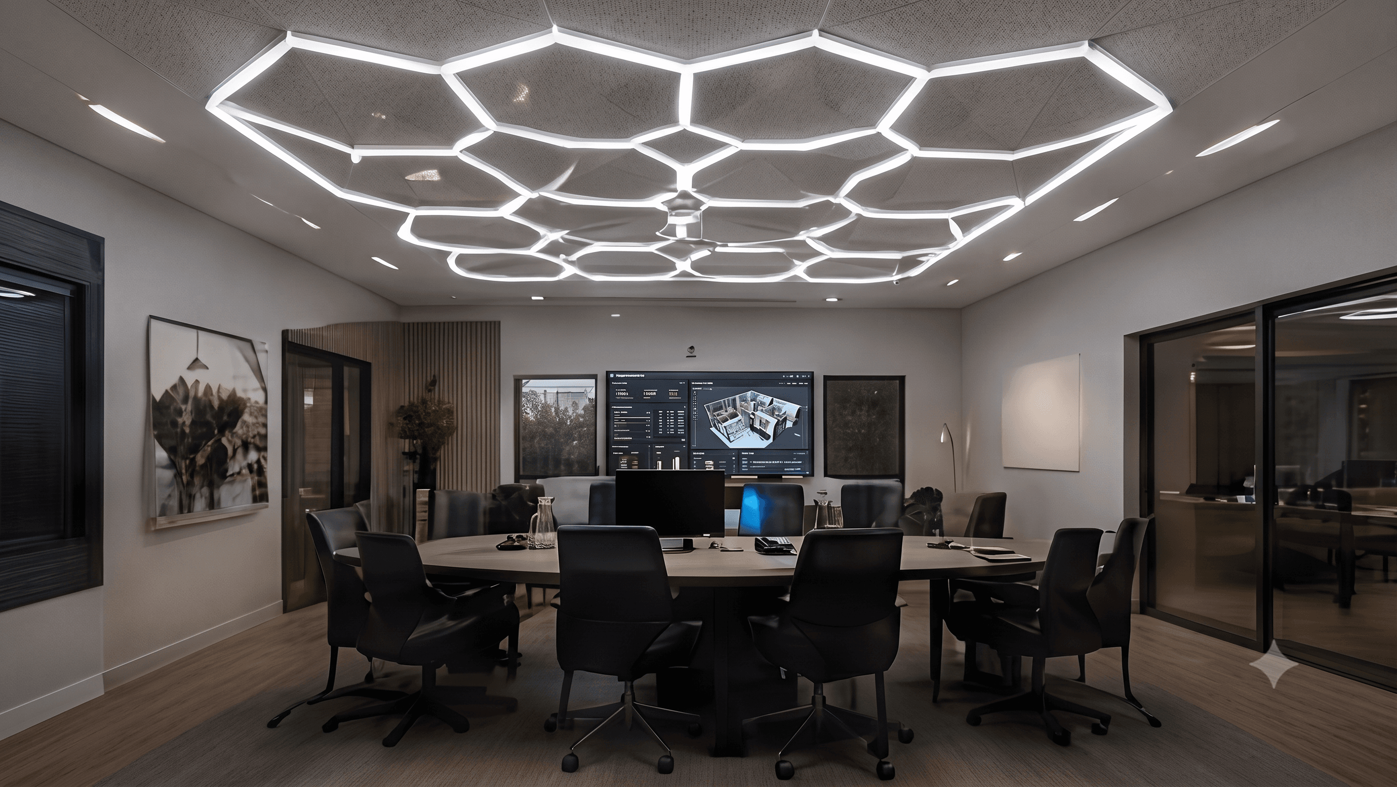 Hexagon LED lighting installation in an office