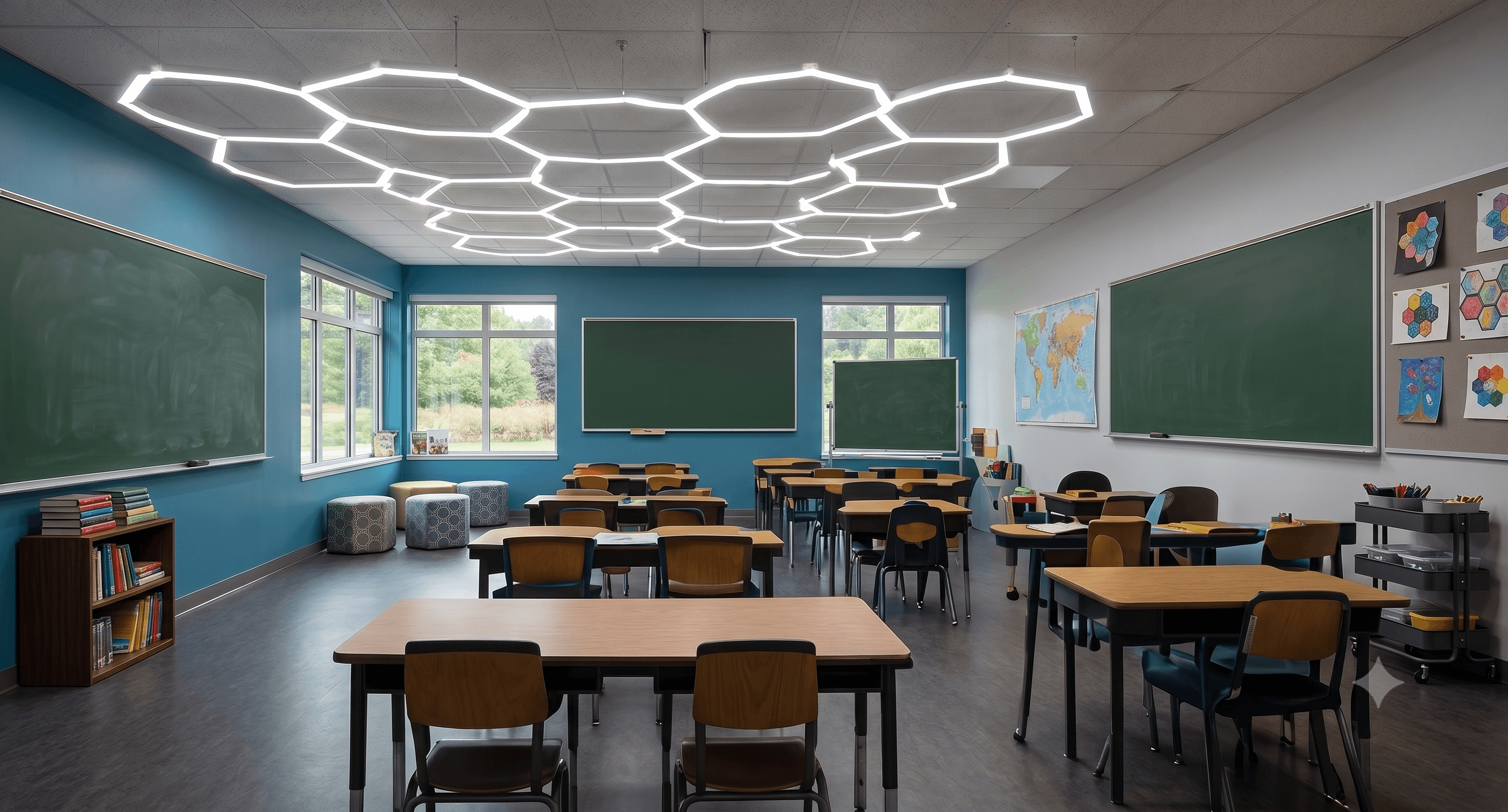 Hexagon LED lighting installation in a school